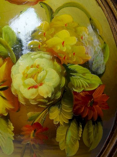 Petit tableau médaillon huile sur bois bombé Italien vintage bouquet de fleurs