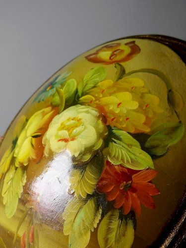 Petit tableau médaillon huile sur bois bombé Italien vintage bouquet de fleurs