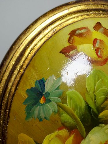 Petit tableau médaillon huile sur bois bombé Italien vintage bouquet de fleurs