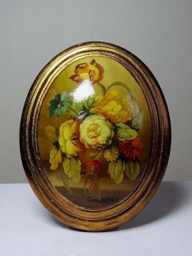 Petit tableau médaillon huile sur bois bombé Italien vintage bouquet de fleurs