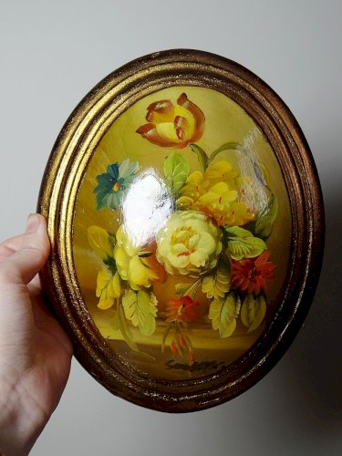 Petit tableau médaillon huile sur bois bombé Italien vintage bouquet de fleurs