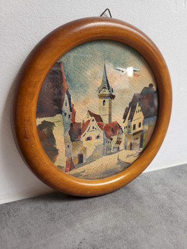 PETIT TABLEAU PEINTURE AQUARELLE MEDAILLON CYGOGNE EGLISE SIGNE BOLI