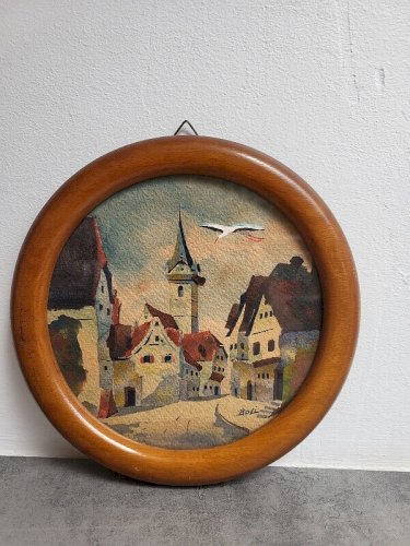 PETIT TABLEAU PEINTURE AQUARELLE MEDAILLON CYGOGNE EGLISE SIGNE BOLI