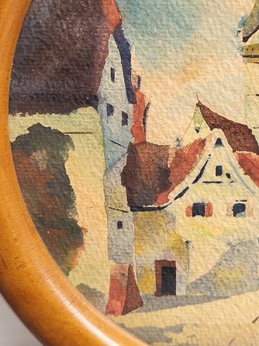 PETIT TABLEAU PEINTURE AQUARELLE MEDAILLON CYGOGNE EGLISE SIGNE BOLI