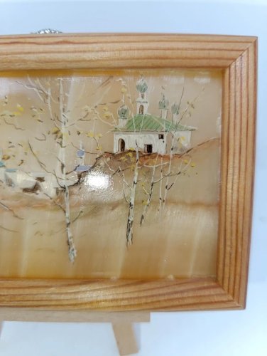 petit tableau sur pierre? à decor de paysage contour bois en bon etat