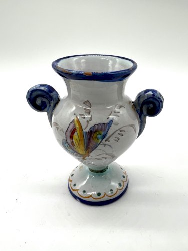 Petit vase faïence Nevers signé F. Cottard décor floral papillon XIXe antique