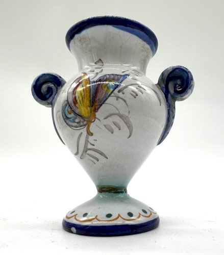 Petit vase faïence Nevers signé F. Cottard décor floral papillon XIXe antique