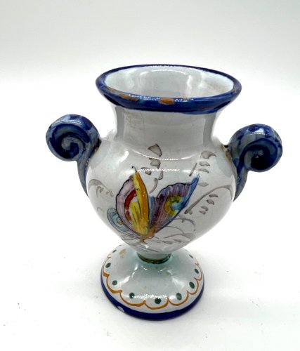 Petit vase faïence Nevers signé F. Cottard décor floral papillon XIXe antique