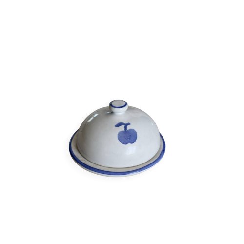Petite cloche à beurre vintage en faïence blanche – Motif pomme bleue