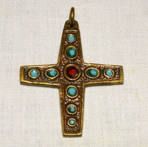 SMALL BRONZE PECTORAL CROSS DOMINIQUE PIECHAUD with Blue & Red enamel D