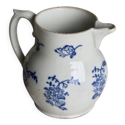 Pichet antique en terre dacier Saint-Uze motif fleuri bleu cobalt