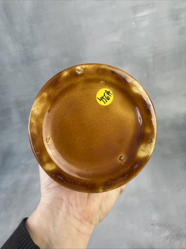 Pichet bouteille cruche céramique ocre vert blanc vintage Haut.~29.5cm