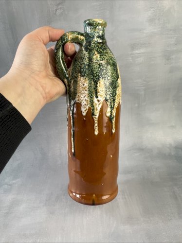 Pichet bouteille cruche céramique ocre vert blanc vintage Haut.~29.5cm