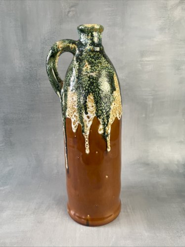 Pichet bouteille cruche céramique ocre vert blanc vintage Haut.~29.5cm