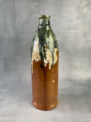 Pichet bouteille cruche céramique ocre vert blanc vintage Haut.~29.5cm