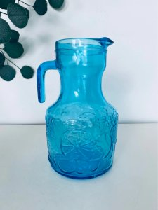 Vintage Italian Pitcher Carafe Turquoise Blue Glass Fruit Decor - 23 cm - 70s