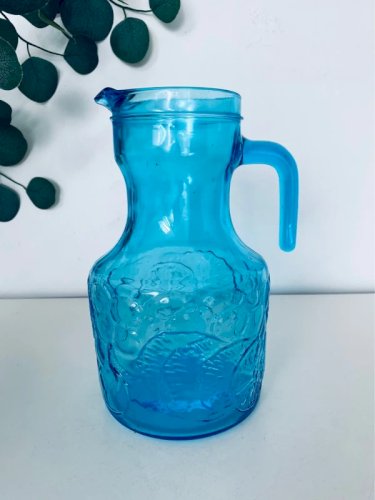 Pichet Carafe Vintage Italien Verre Bleu Turquoise Décor Fruits - 23 cm - 70s