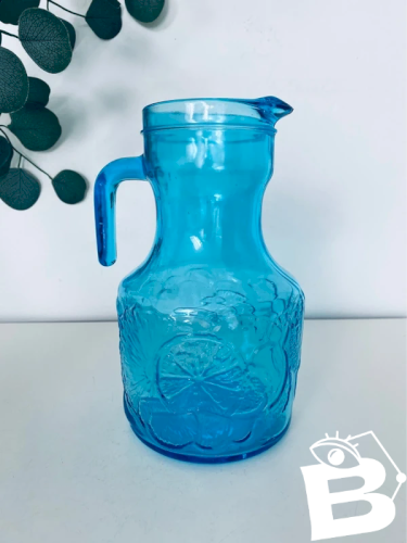 Pichet Carafe Vintage Italien Verre Bleu Turquoise Décor Fruits - 23 cm - 70s