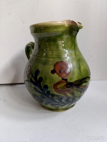 Pichet decor oiseau et floral poterie dannecy saint jorioz en bon etat (made in chiner)