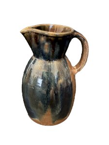 Pichet en grés émaillé fond marron à coulures bleus poterie potier artisant