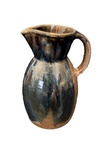Pichet en grés émaillé fond marron à coulures bleus poterie potier artisant