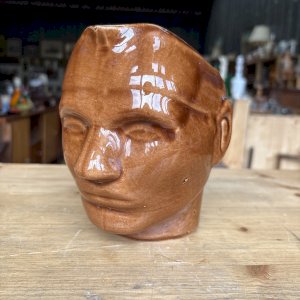 Vintage 60s/70s ceramic head pitcher – artisanal brown earthenware