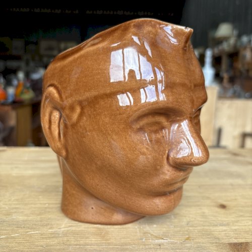 Pichet tête en céramique vintage années 60/70 – faïence brune artisanale