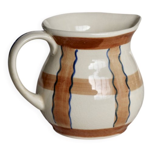 Pichet vintage en céramique émaillée beige et marron peint à la main – Déco