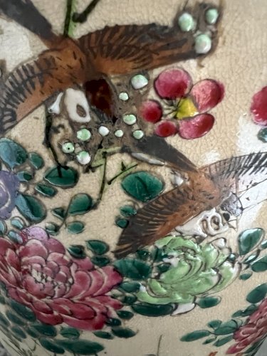 pied de lampe ancien en céramique à décor chinois XIXe siècle oiseaux, papillon