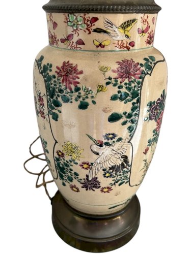pied de lampe ancien en céramique à décor chinois XIXe siècle oiseaux, papillon