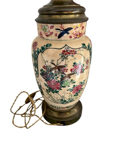 pied de lampe ancien en céramique à décor chinois XIXe siècle oiseaux, papillon