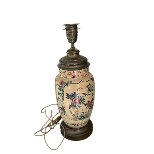pied de lampe ancien en céramique à décor chinois XIXe siècle oiseaux, papillon