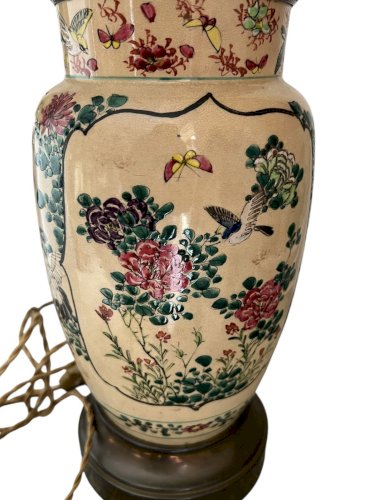 pied de lampe ancien en céramique à décor chinois XIXe siècle oiseaux, papillon