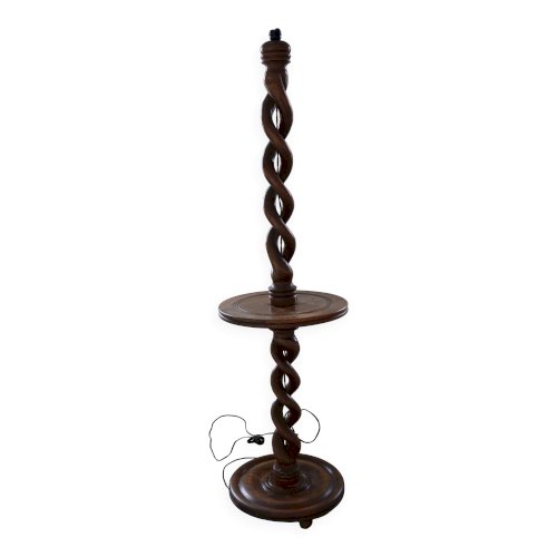 Pied de lampe vintage en bois tourné torsadé avec tablette