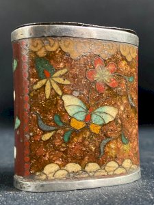 Pilulier tabatière XIXe émail cloisonné cerclage argent papillon Japon fin Edo