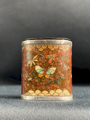 Pilulier tabatière XIXe émail cloisonné cerclage argent papillon Japon fin Edo