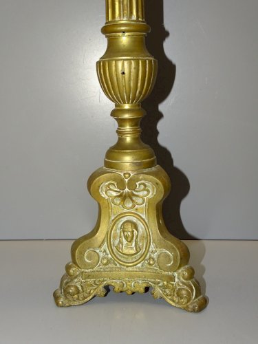 -PIQUE CIERGE ANCIEN BRONZE LAITON VISAGES JESUS VIERGE MARIE A REELECTRIFIER  D