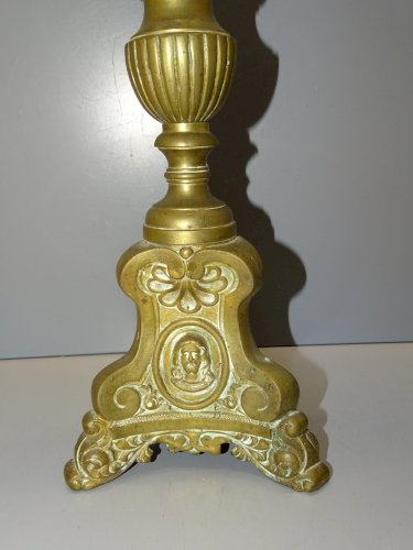 -PIQUE CIERGE ANCIEN BRONZE LAITON VISAGES JESUS VIERGE MARIE A REELECTRIFIER  D