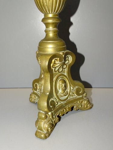 -PIQUE CIERGE ANCIEN BRONZE LAITON VISAGES JESUS VIERGE MARIE A REELECTRIFIER  D