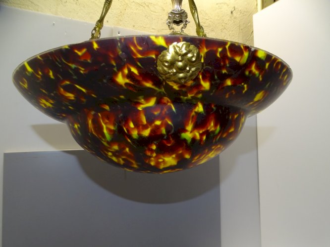 - PLAFONNIER COUPE DE LUSTRE PATE de VERRE MULTICOUCHE ART DECO SUSPENSION