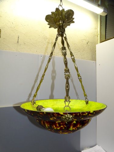 - PLAFONNIER COUPE DE LUSTRE PATE de VERRE MULTICOUCHE ART DECO SUSPENSION