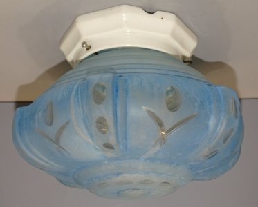 VINTAGE BLUE GLASS CEILING LIGHT PORCELAIN BASE FROM LIMOGES WHITE