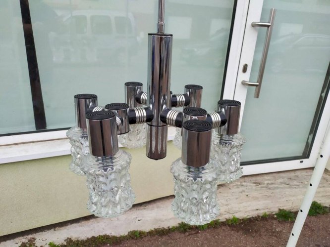 Plafonnier vintage en chrome plaqué et en verre coupé targetti 1970 lustre