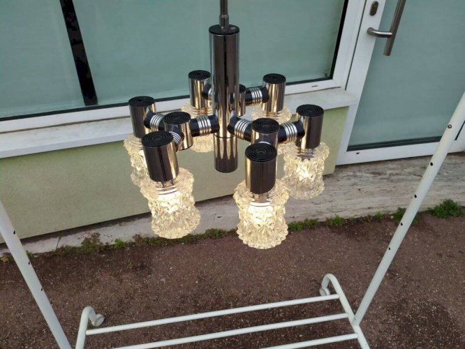 Plafonnier vintage en chrome plaqué et en verre coupé targetti 1970 lustre