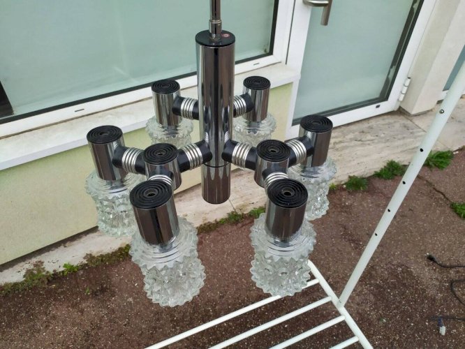 Plafonnier vintage en chrome plaqué et en verre coupé targetti 1970 lustre