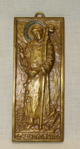 -PLAQUE BRONZE MURAL DOMINIQUE PIECHAUD SAINT BENEDICTUS Inspiration Médiévale