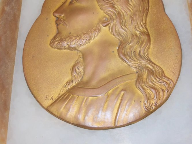 -PLAQUE DECORATIVE ONYX ET MARBRE PROFIL JESUS signé E FROMENT RELIGION CHRIST D