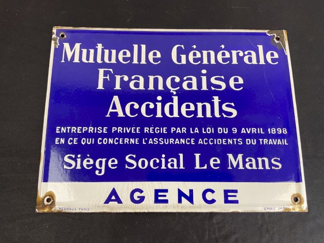 Plaque émaillée Ancienne MUTUELLE GENERALE FRANCAISE ACCIDENTS. Email JAPY .