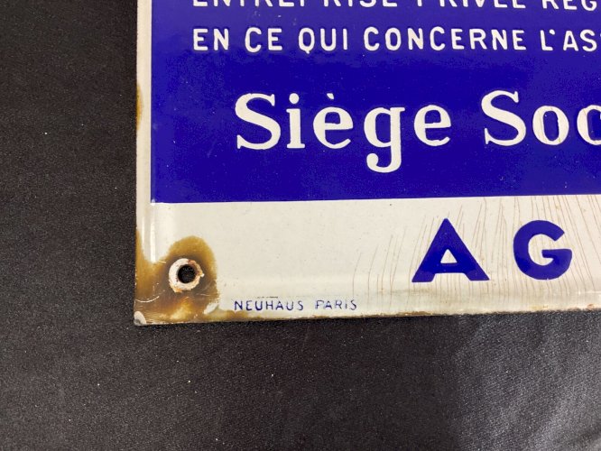 Plaque émaillée Ancienne MUTUELLE GENERALE FRANCAISE ACCIDENTS. Email JAPY .