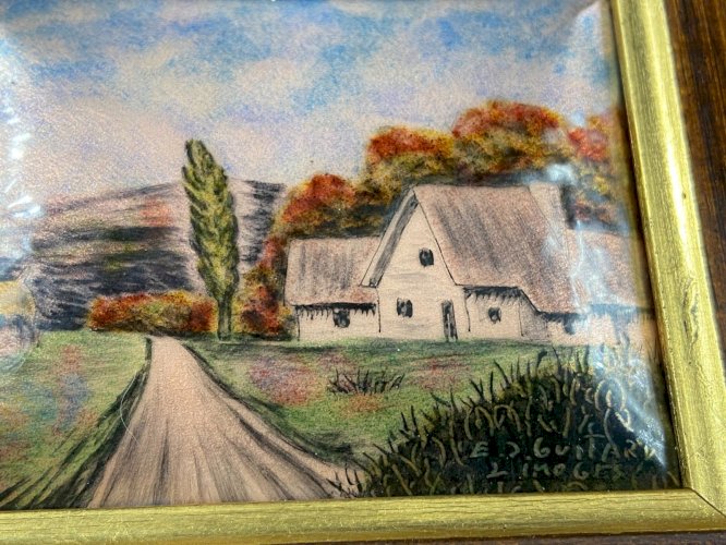 Plaque émaillée Emaux d'Art de Limoges signée E.-J. Guitard paysage à la ferme